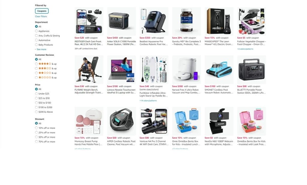 Amazon coupon page where shoppers can access and sort through products discounted with coupons